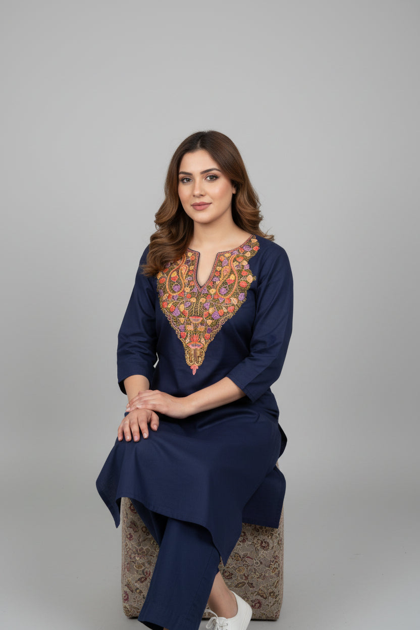 Women Cotton Suits with Kashmiri Hand Embroidery Two Piece Suit - Blue