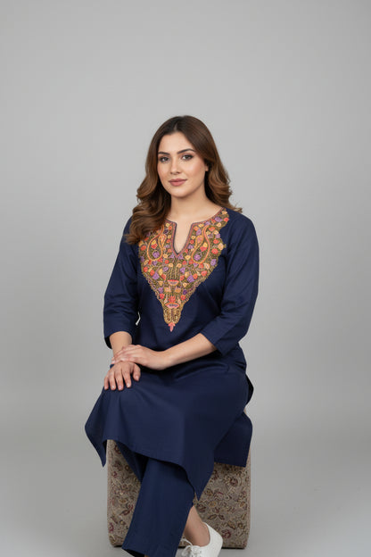 Women Cotton Suits with Kashmiri Hand Embroidery Two Piece Suit - Blue