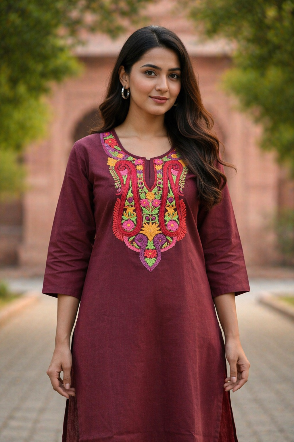 Women Cotton Suits with Kashmiri Hand Embroidery Two Piece Suit - Brown