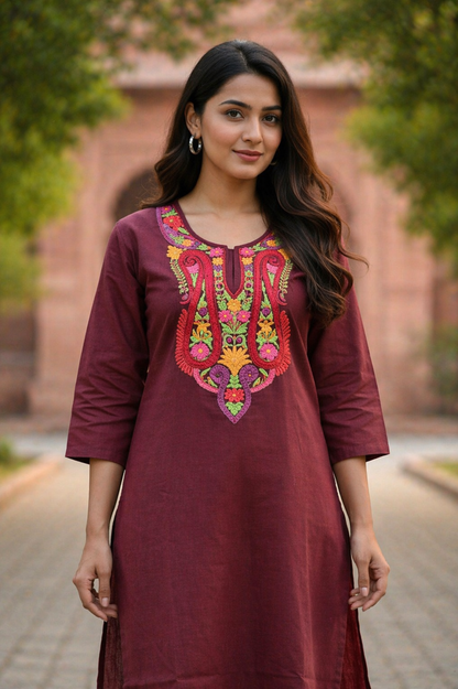 Women Cotton Suits with Kashmiri Hand Embroidery Two Piece Suit - Brown