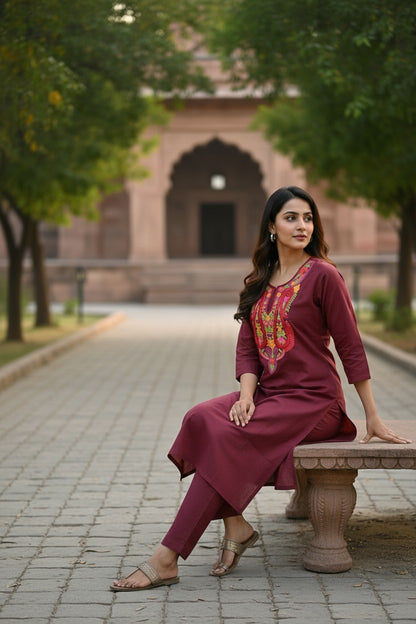 Women Cotton Suits with Kashmiri Hand Embroidery Two Piece Suit - Brown