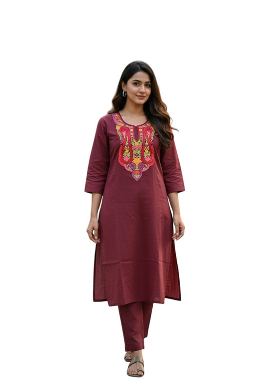 Women Cotton Suits with Kashmiri Hand Embroidery Two Piece Suit - Brown