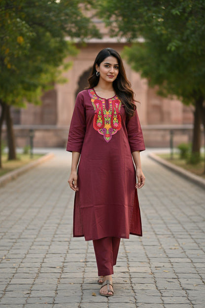 Women Cotton Suits with Kashmiri Hand Embroidery Two Piece Suit - Brown