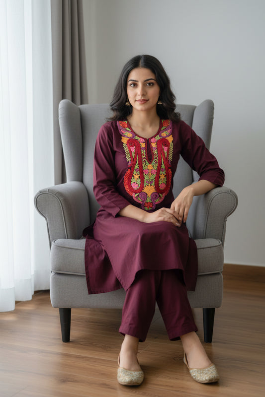 Women Cotton Suits with Kashmiri Hand Embroidery Two Piece Suit - Brown