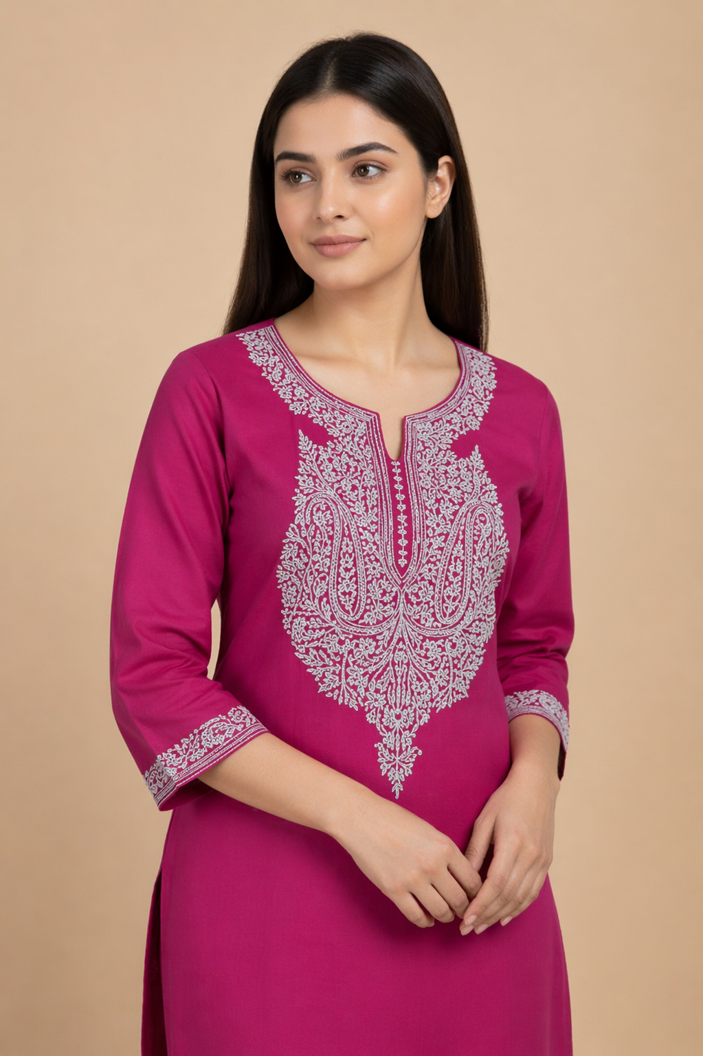 Women Cotton Suits with Kashmiri Hand Embroidery Two Piece Suit - Deep Magenta