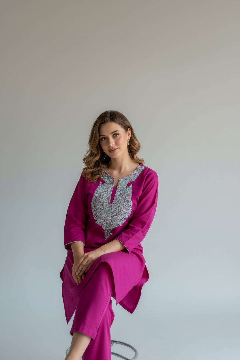 Women Cotton Suits with Kashmiri Hand Embroidery Two Piece Suit - Deep Magenta