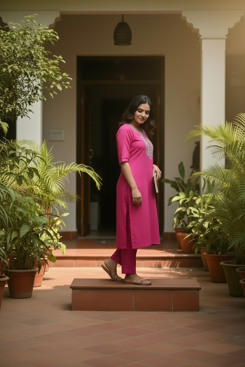 Women Cotton Suits with Kashmiri Hand Embroidery Two Piece Suit - Deep Magenta