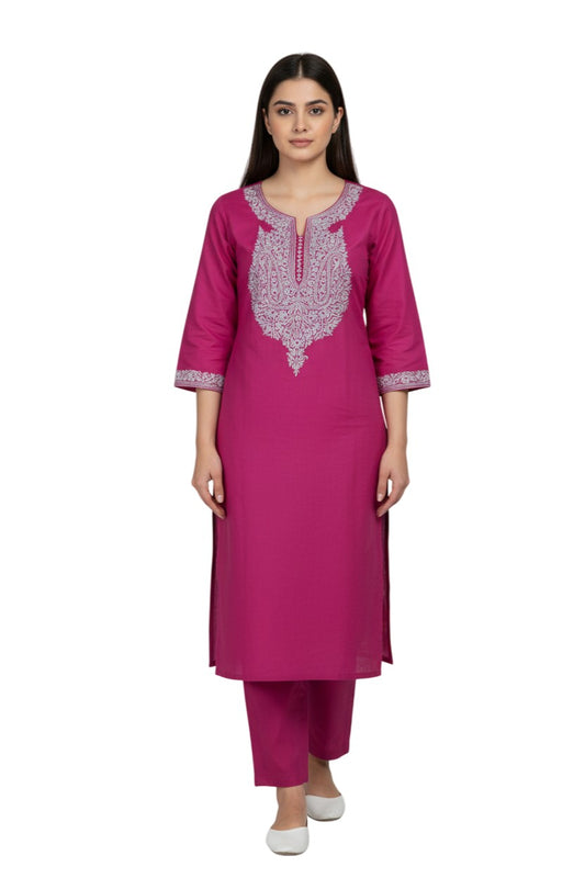 Women Cotton Suits with Kashmiri Hand Embroidery Two Piece Suit - Deep Magenta