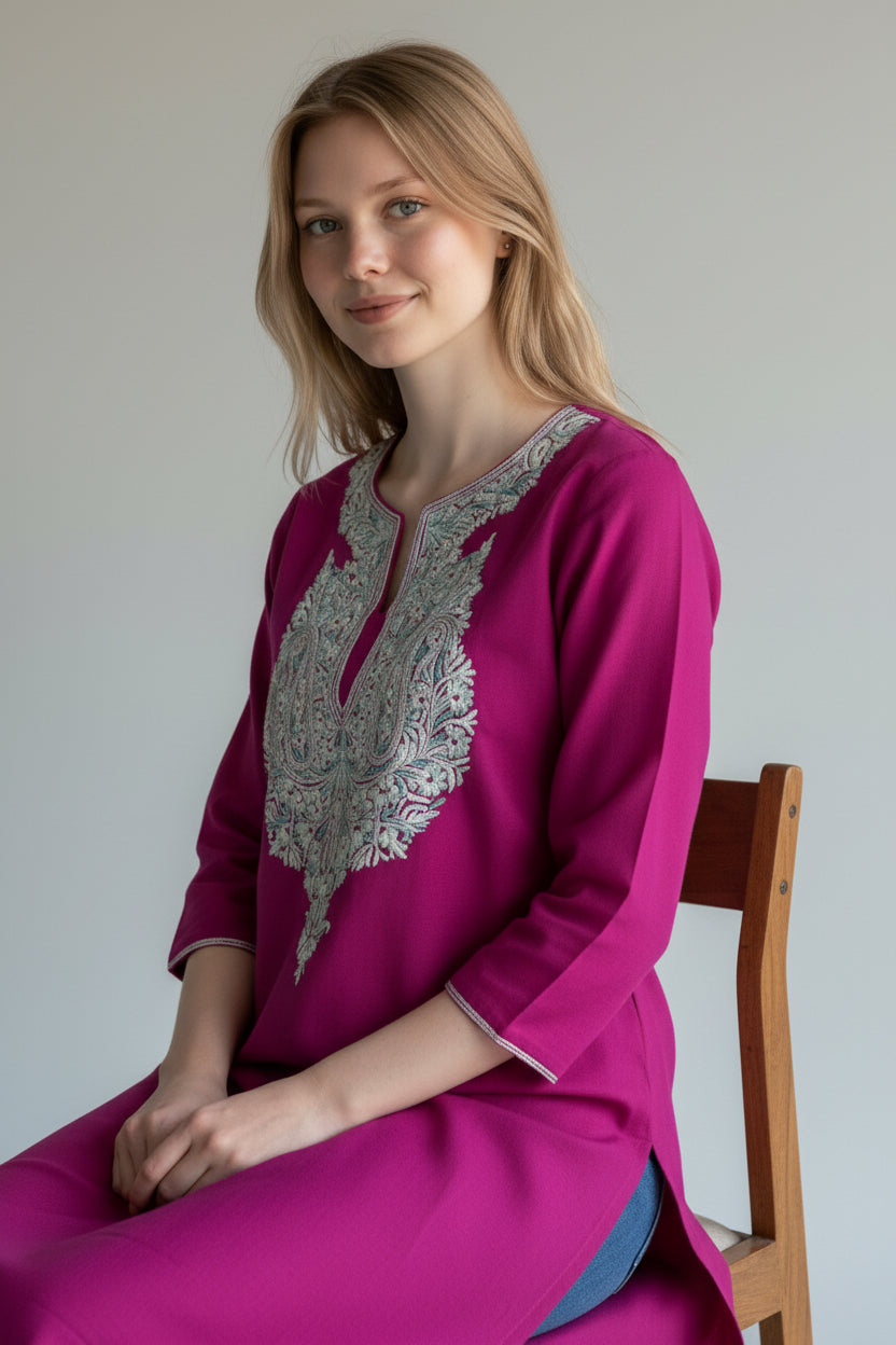 Women Cotton Suits with Kashmiri Hand Embroidery Two Piece Suit - Deep Magenta