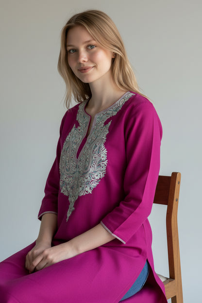 Women Cotton Suits with Kashmiri Hand Embroidery Two Piece Suit - Deep Magenta