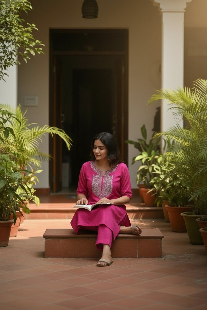 Women Cotton Suits with Kashmiri Hand Embroidery Two Piece Suit - Deep Magenta