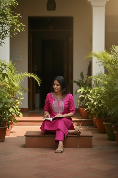 Women Cotton Suits with Kashmiri Hand Embroidery Two Piece Suit - Deep Magenta