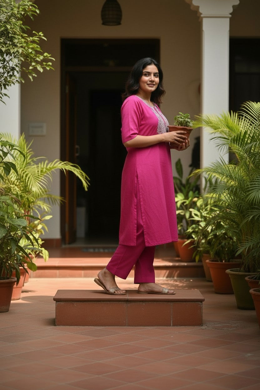 Women Cotton Suits with Kashmiri Hand Embroidery Two Piece Suit - Deep Magenta