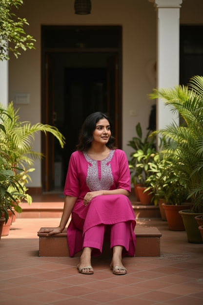 Women Cotton Suits with Kashmiri Hand Embroidery Two Piece Suit - Deep Magenta