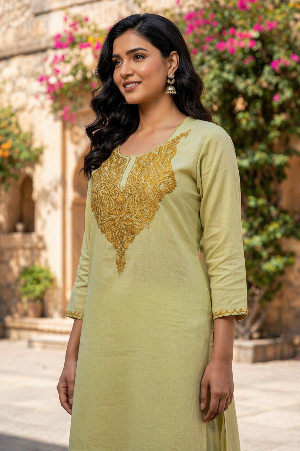 Women Cotton Suits with Kashmiri Hand Embroidery Two Piece Suit - Olive Green