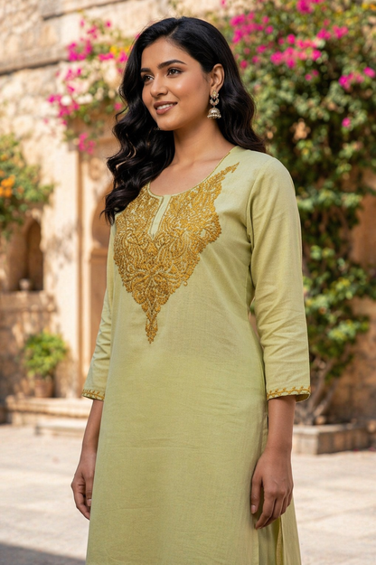 Women Cotton Suits with Kashmiri Hand Embroidery Two Piece Suit - Olive Green