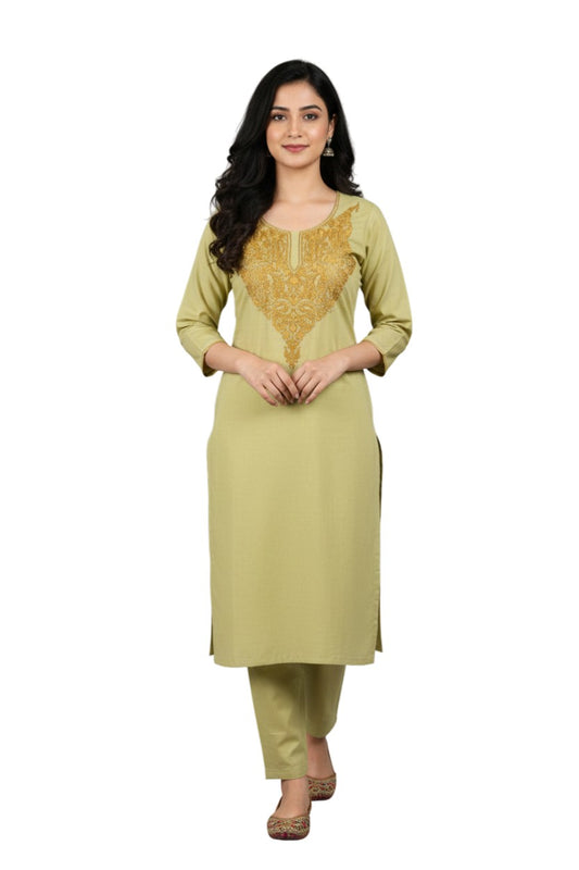 Women Cotton Suits with Kashmiri Hand Embroidery Two Piece Suit - Olive Green