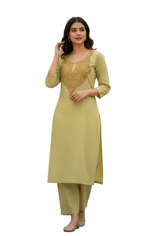 Women Cotton Suits with Kashmiri Hand Embroidery Two Piece Suit - Olive Green