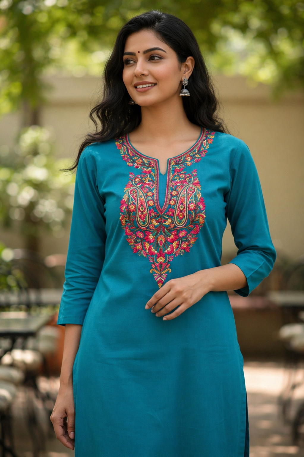 Women Cotton Suits with Kashmiri Hand Embroidery Two Piece Suit - Peacock Blue