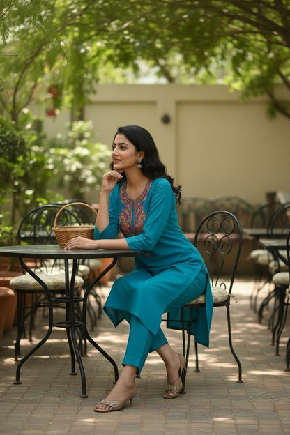 Women Cotton Suits with Kashmiri Hand Embroidery Two Piece Suit - Peacock Blue