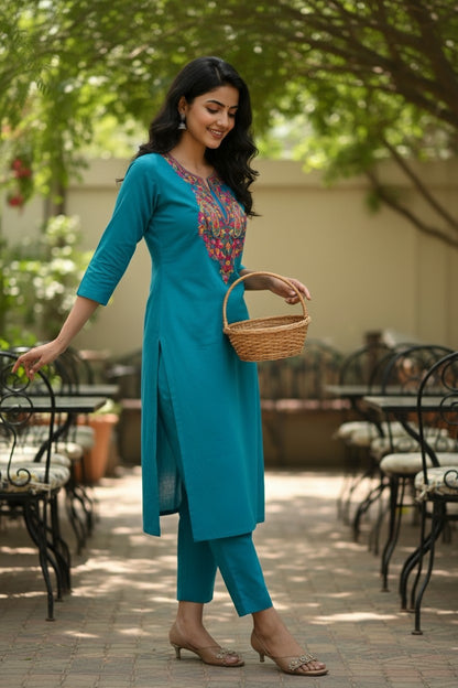 Women Cotton Suits with Kashmiri Hand Embroidery Two Piece Suit - Peacock Blue