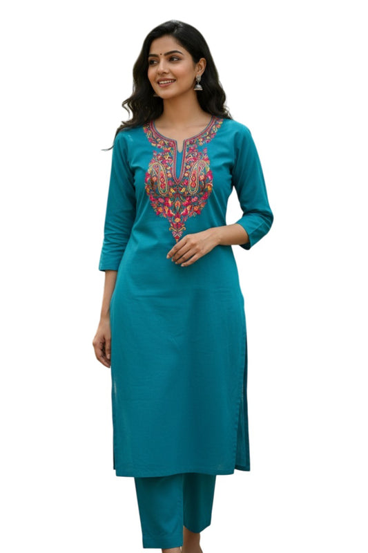 Women Cotton Suits with Kashmiri Hand Embroidery Two Piece Suit - Peacock Blue