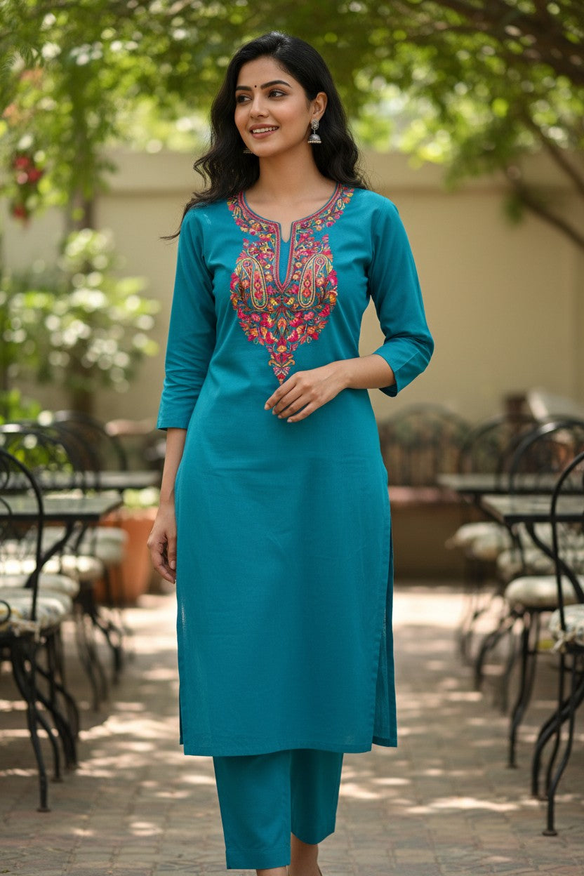 Women Cotton Suits with Kashmiri Hand Embroidery Two Piece Suit - Peacock Blue