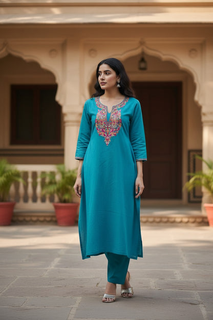 Women Cotton Suits with Kashmiri Hand Embroidery Two Piece Suit - Peacock Blue