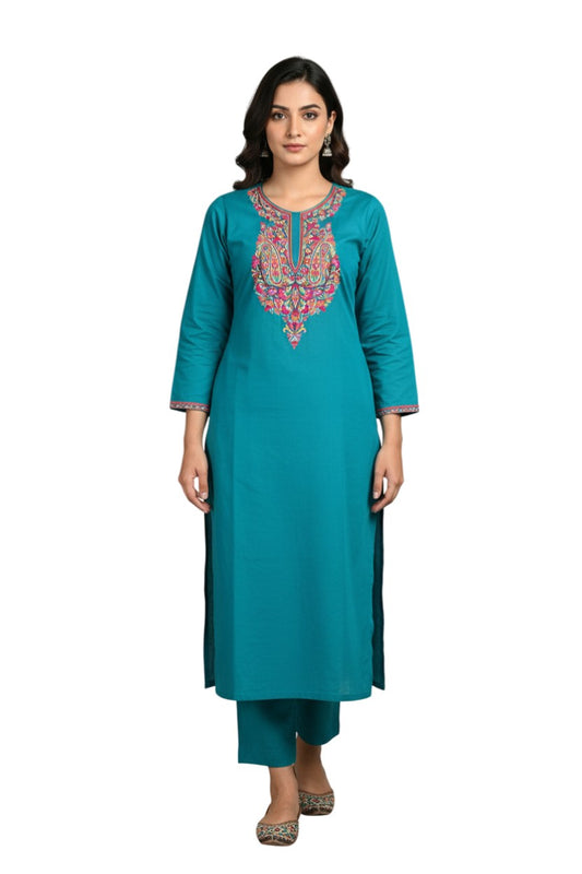 Women Cotton Suits with Kashmiri Hand Embroidery Two Piece Suit - Peacock Blue