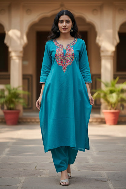 Women Cotton Suits with Kashmiri Hand Embroidery Two Piece Suit - Peacock Blue