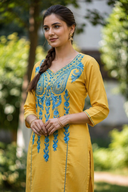 Women Cotton Suits with Kashmiri Hand Embroidery Two Piece Suit - Yellow2