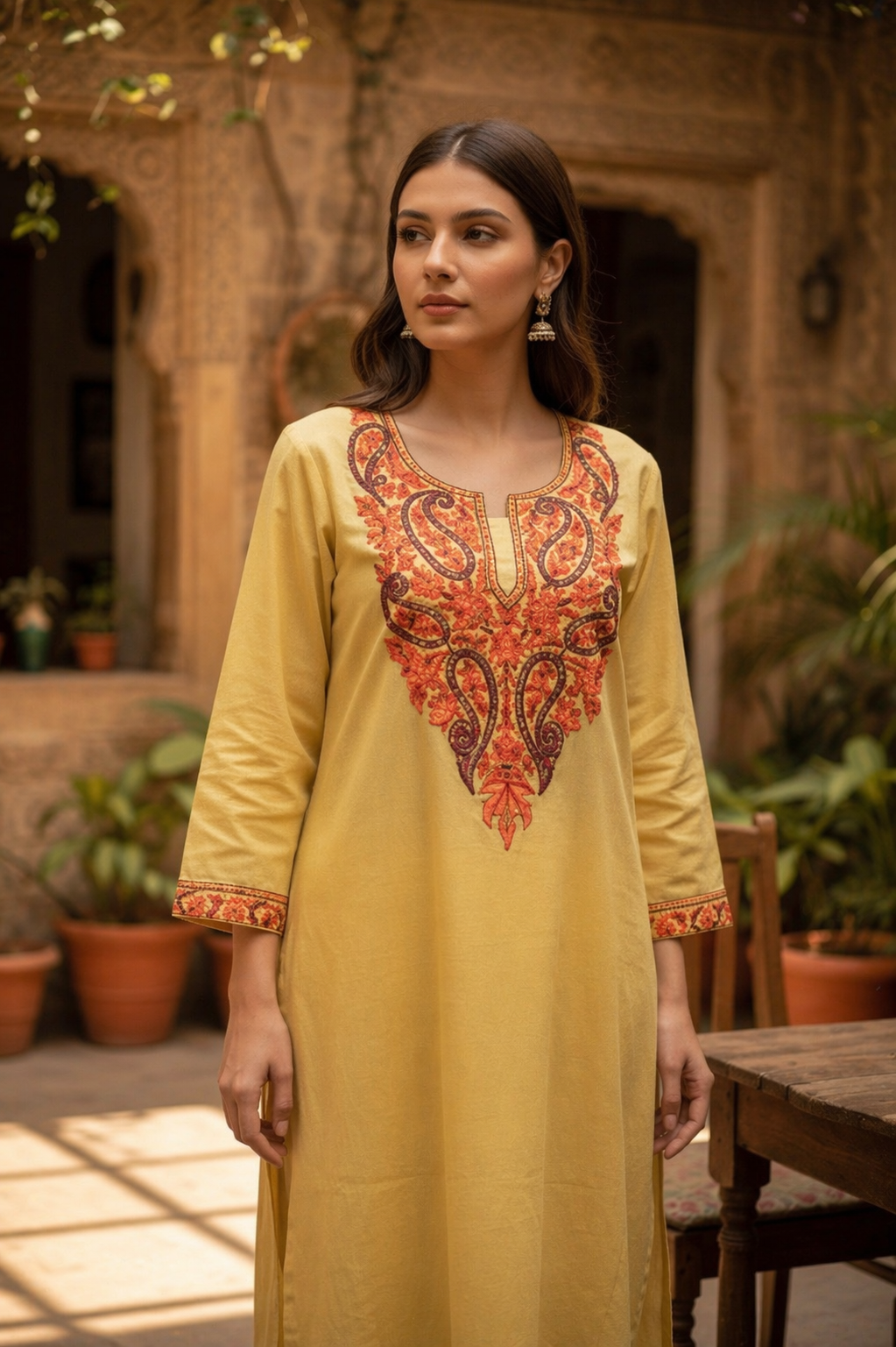 Women Cotton Suits with Kashmiri Hand Embroidery Two Piece Suit - Yellow