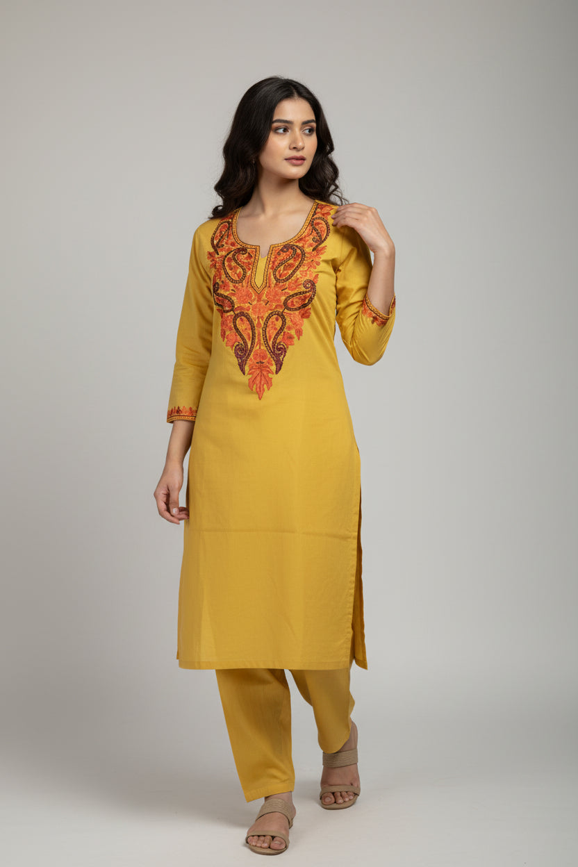 Women Cotton Suits with Kashmiri Hand Embroidery Two Piece Suit - Yellow