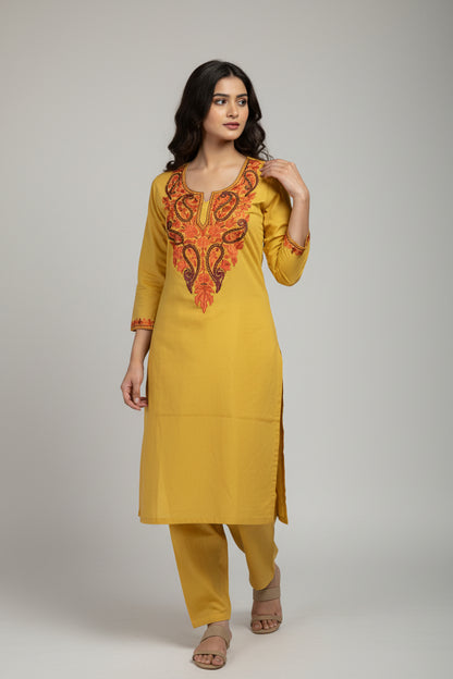 Women Cotton Suits with Kashmiri Hand Embroidery Two Piece Suit - Yellow