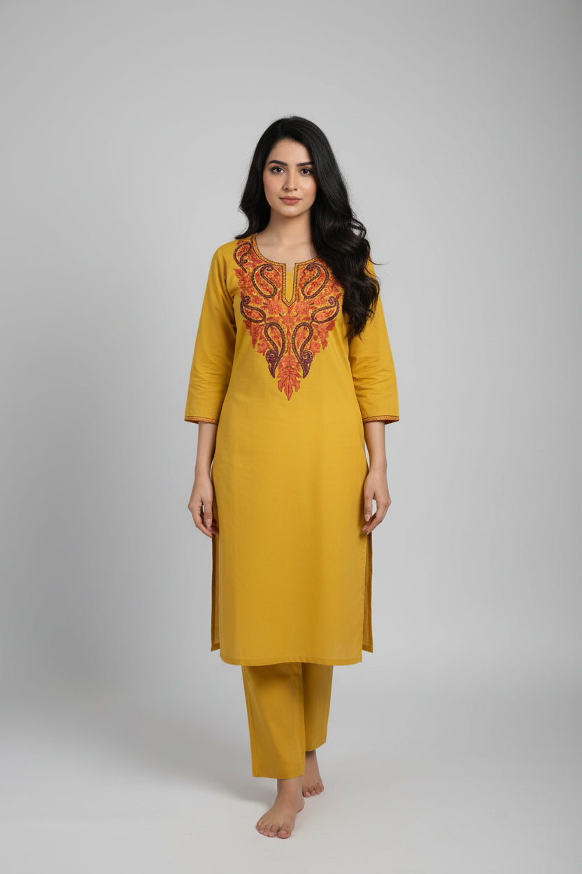 Women Cotton Suits with Kashmiri Hand Embroidery Two Piece Suit - Yellow