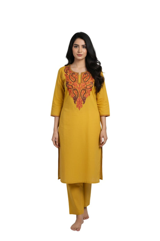 Women Cotton Suits with Kashmiri Hand Embroidery Two Piece Suit - Yellow