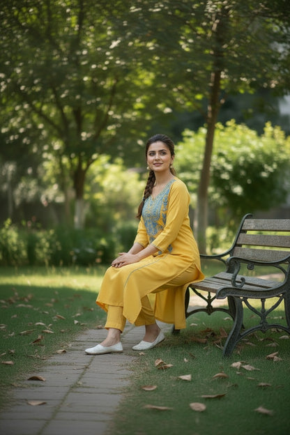 Women Cotton Suits with Kashmiri Hand Embroidery Two Piece Suit - Yellow2