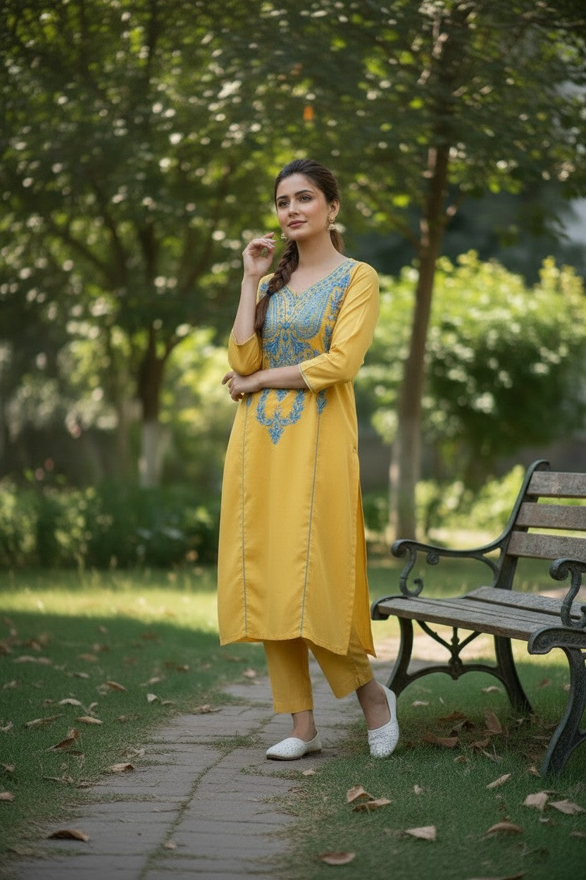 Women Cotton Suits with Kashmiri Hand Embroidery Two Piece Suit - Yellow2