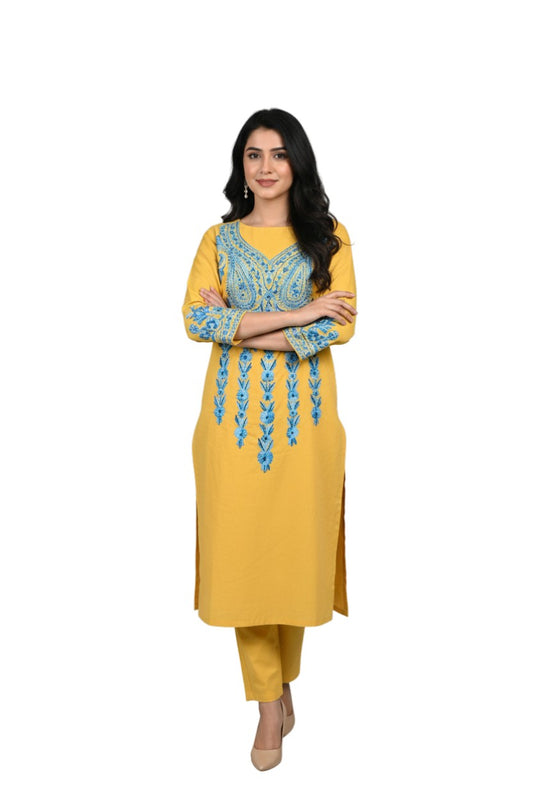 Women Cotton Suits with Kashmiri Hand Embroidery Two Piece Suit - Yellow2