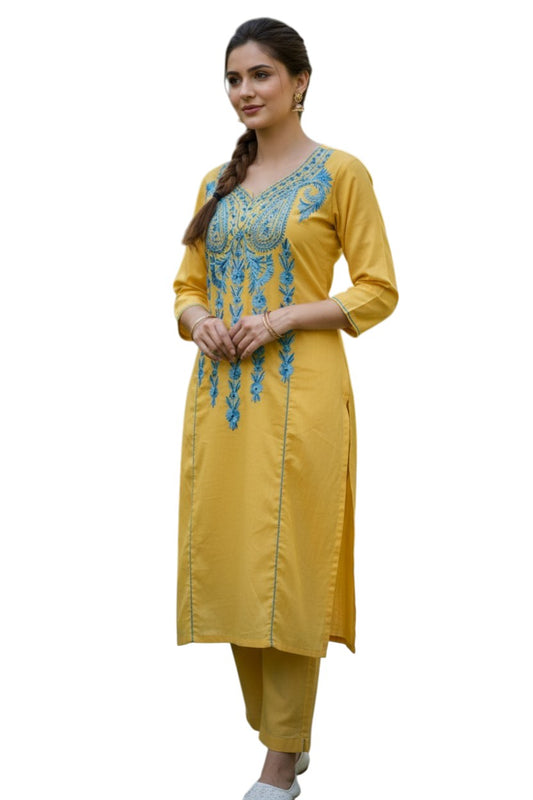 Women Cotton Suits with Kashmiri Hand Embroidery Two Piece Suit - Yellow2