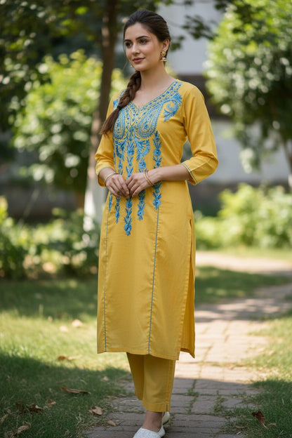 Women Cotton Suits with Kashmiri Hand Embroidery Two Piece Suit - Yellow2