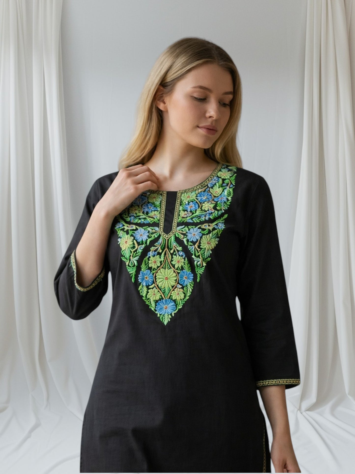 Women Cotton Suits with Kashmiri Hand Embroidery Two Piece Suit - Black