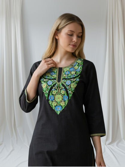 Women Cotton Suits with Kashmiri Hand Embroidery Two Piece Suit - Black