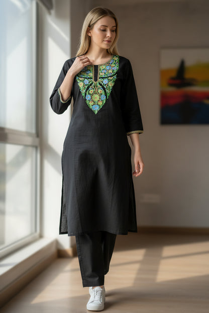 Women Cotton Suits with Kashmiri Hand Embroidery Two Piece Suit - Black