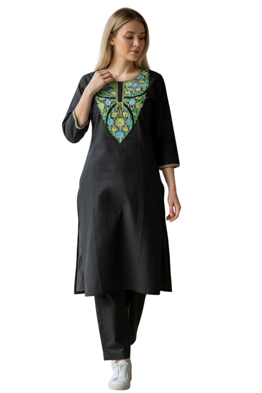 Women Cotton Suits with Kashmiri Hand Embroidery Two Piece Suit - Black