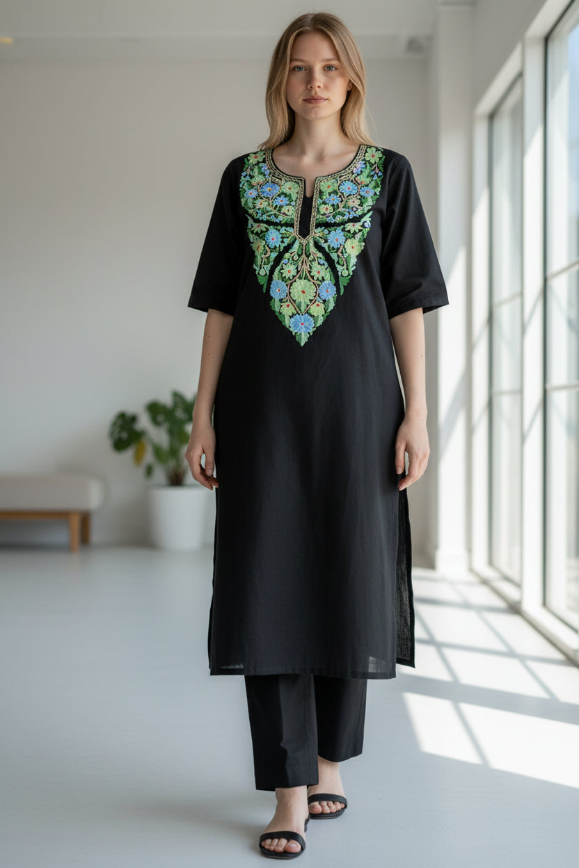 Women Cotton Suits with Kashmiri Hand Embroidery Two Piece Suit - Black