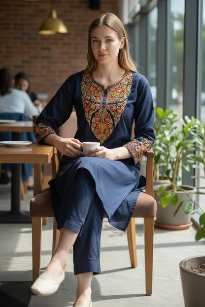Women Cotton Suits with Kashmiri Hand Embroidery Two Piece Suit - Blue