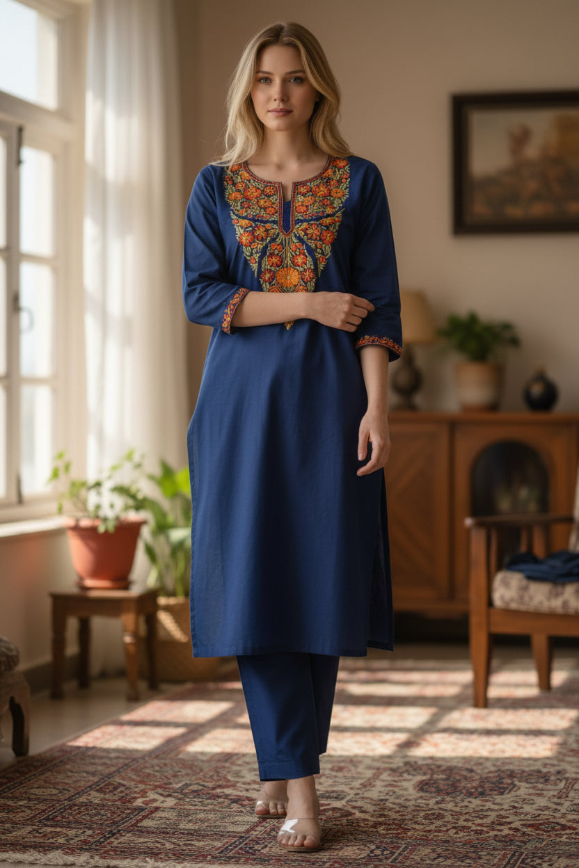 Women Cotton Suits with Kashmiri Hand Embroidery Two Piece Suit - Blue