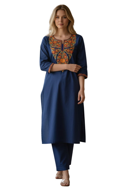Women Cotton Suits with Kashmiri Hand Embroidery Two Piece Suit - Blue