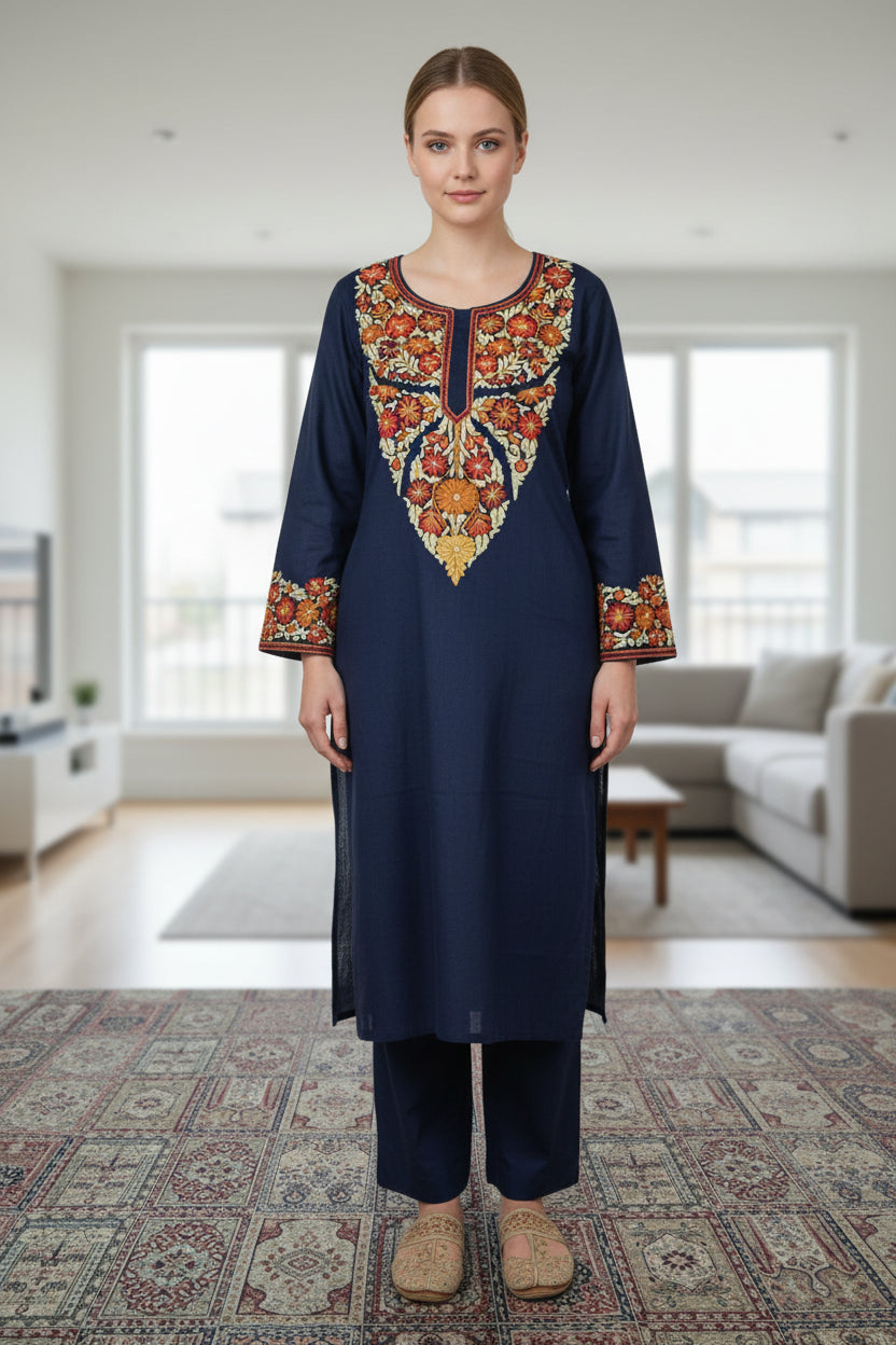 Women Cotton Suits with Kashmiri Hand Embroidery Two Piece Suit - Blue